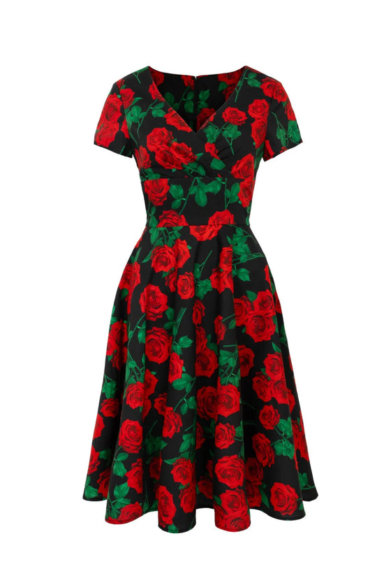 Hell Bunny Dolce Vita 50s Dress Red Roses on Black