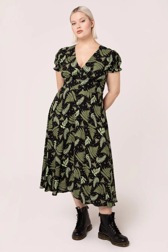 Hell Bunny Gaia Midi Dress Foliage Moths Stars Moon Print