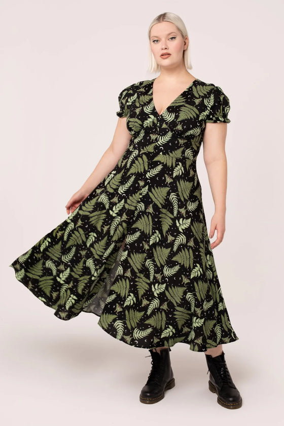 Hell Bunny Gaia Midi Dress Foliage Moths Stars Moon Print