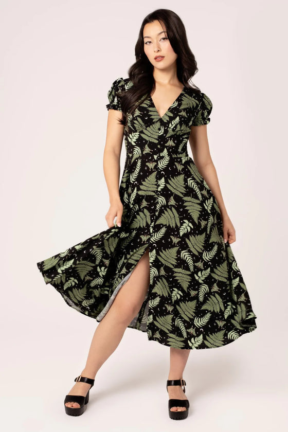 Hell Bunny Gaia Midi Dress Foliage Moths Stars Moon Print