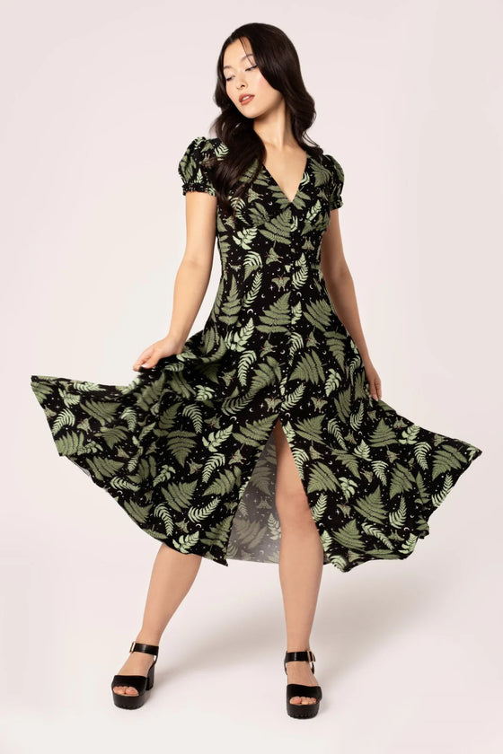 Hell Bunny Gaia Midi Dress Foliage Moths Stars Moon Print