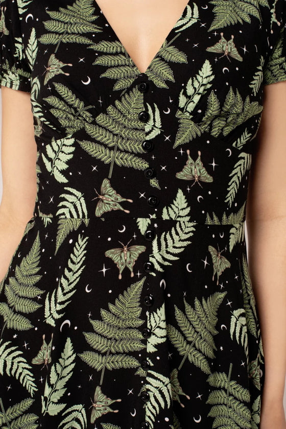 Hell Bunny Gaia Midi Dress Foliage Moths Stars Moon Print