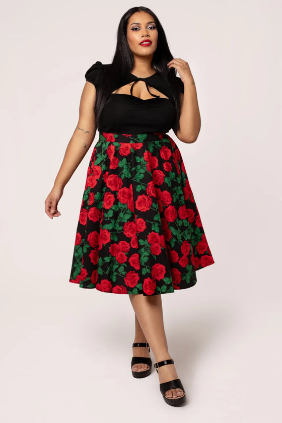 Hell Bunny Dolce Vita Skirt Red Roses on Black