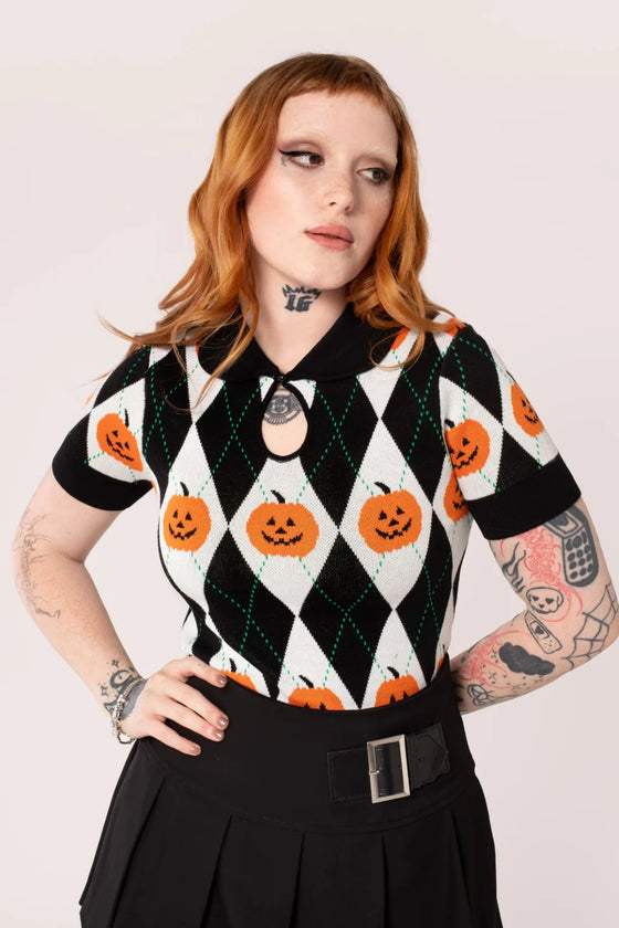 Hell Bunny Pumpkin Head Top Knitted with Harlequin Design Halloween