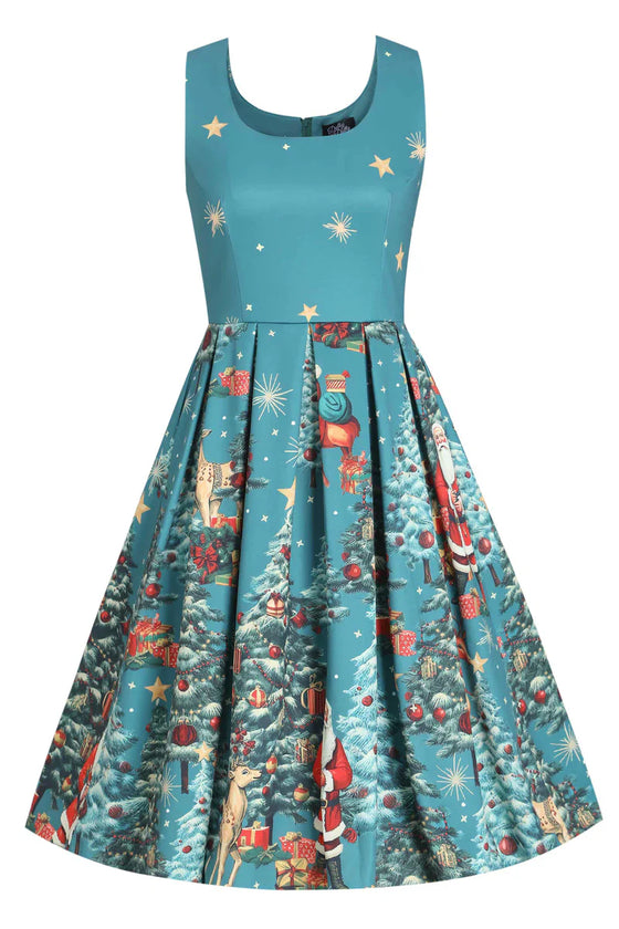 Dolly & Dotty Amanda Dress in Santa is Back in Town Teal Blue Print