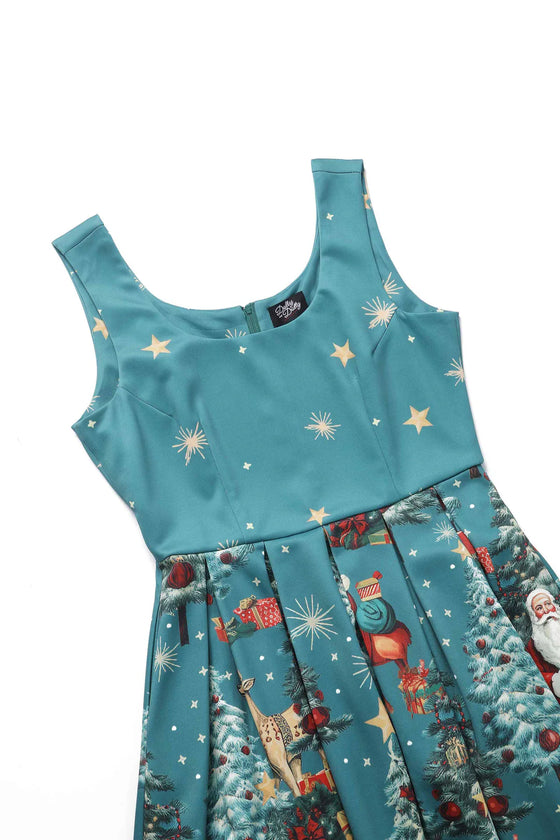 Dolly & Dotty Amanda Dress in Santa is Back in Town Teal Blue Print