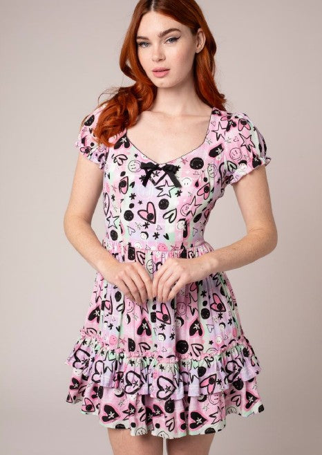 Hell Bunny Robbie Mini Dress Happy Heart Punk Print Smiley Collab