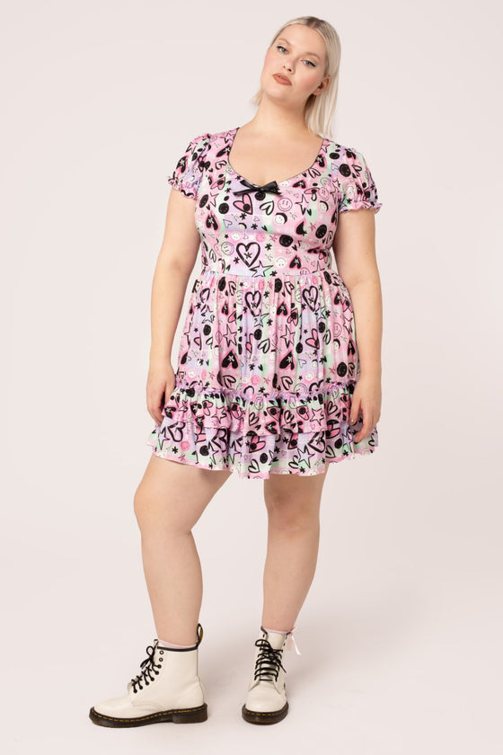 Hell Bunny Robbie Mini Dress Happy Heart Punk Print Smiley Collab