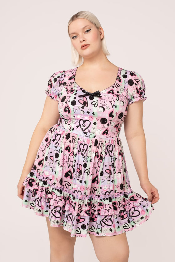 Hell Bunny Robbie Mini Dress Happy Heart Punk Print Smiley Collab