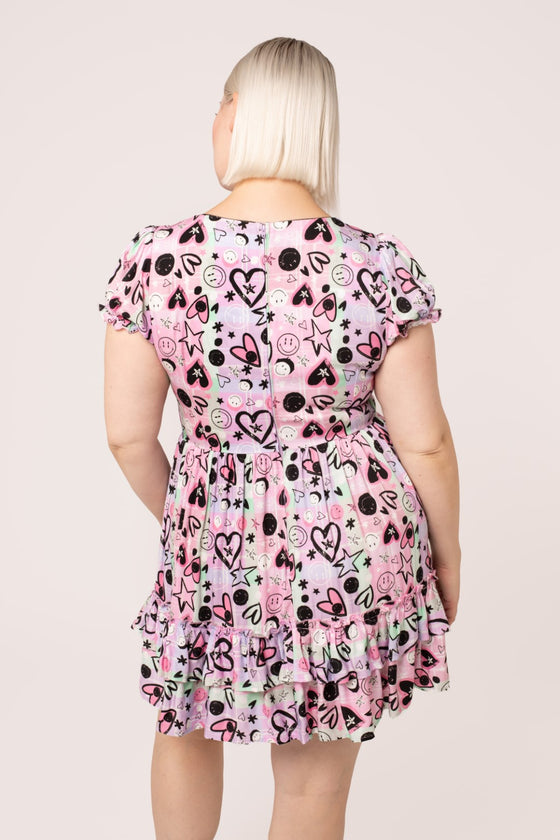 Hell Bunny Robbie Mini Dress Happy Heart Punk Print Smiley Collab