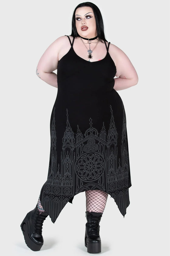 Killstar Unholy Oath Maxi Dress with Hanky Hem and Cathedral Print