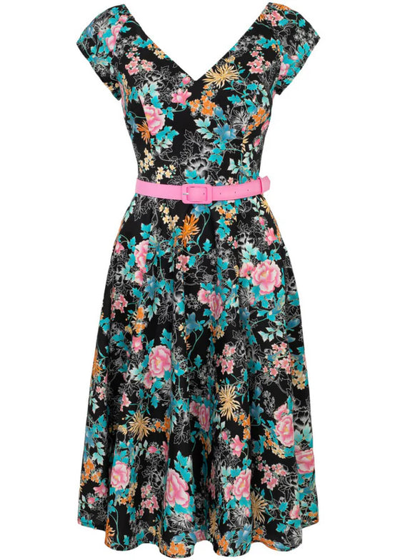 Hell Bunny Umi Dress Traditional Floral Print in Black