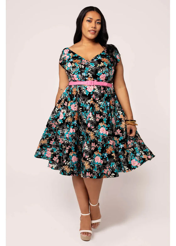 Hell Bunny Umi Dress Traditional Floral Print in Black