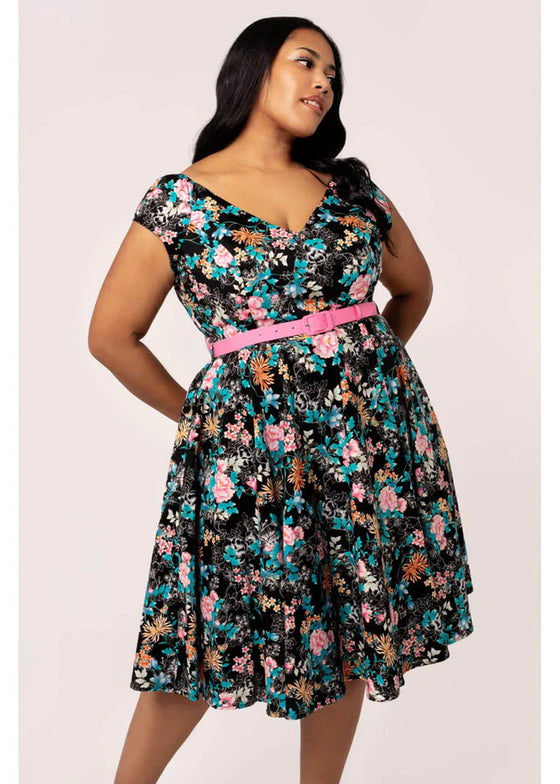 Hell Bunny Umi Dress Traditional Floral Print in Black