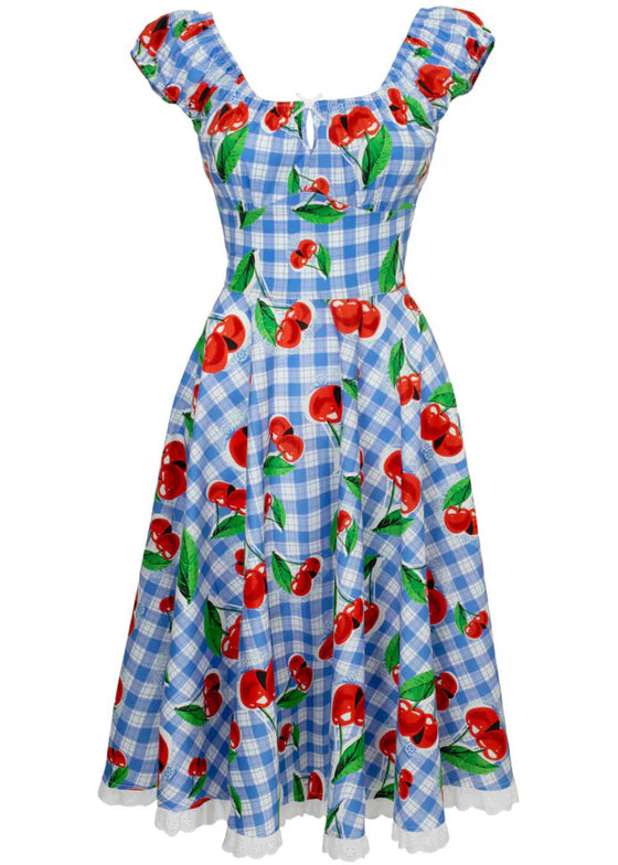 Hell Bunny Picnic Dress Blue Gingham and Cherry Print