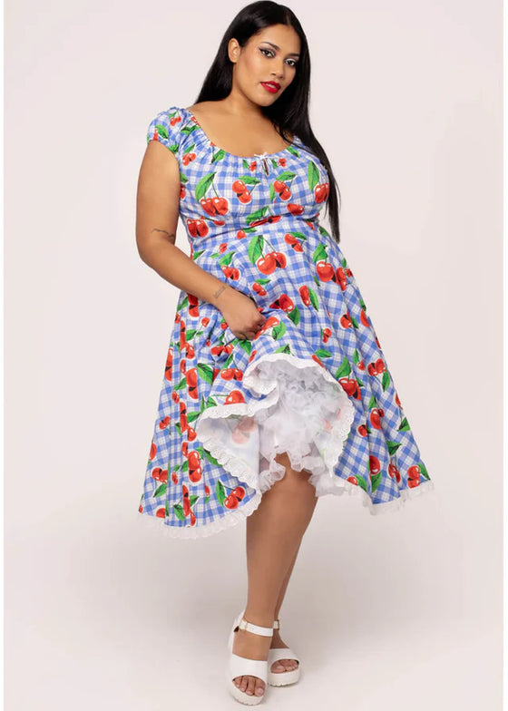 Hell Bunny Picnic Dress Blue Gingham and Cherry Print