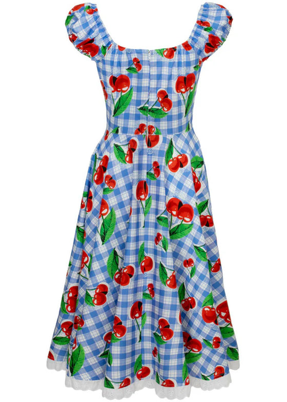 Hell Bunny Picnic Dress Blue Gingham and Cherry Print