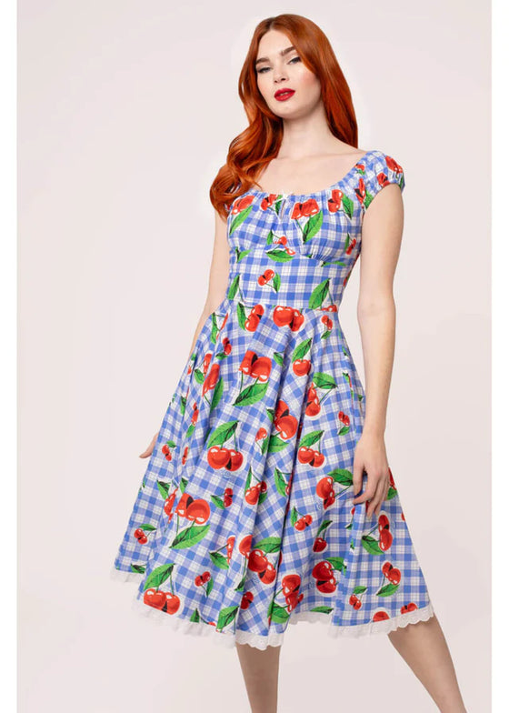 Hell Bunny Picnic Dress Blue Gingham and Cherry Print