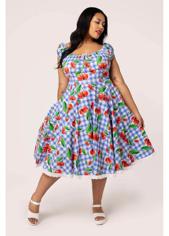 Hell Bunny Picnic Dress Blue Gingham and Cherry Print