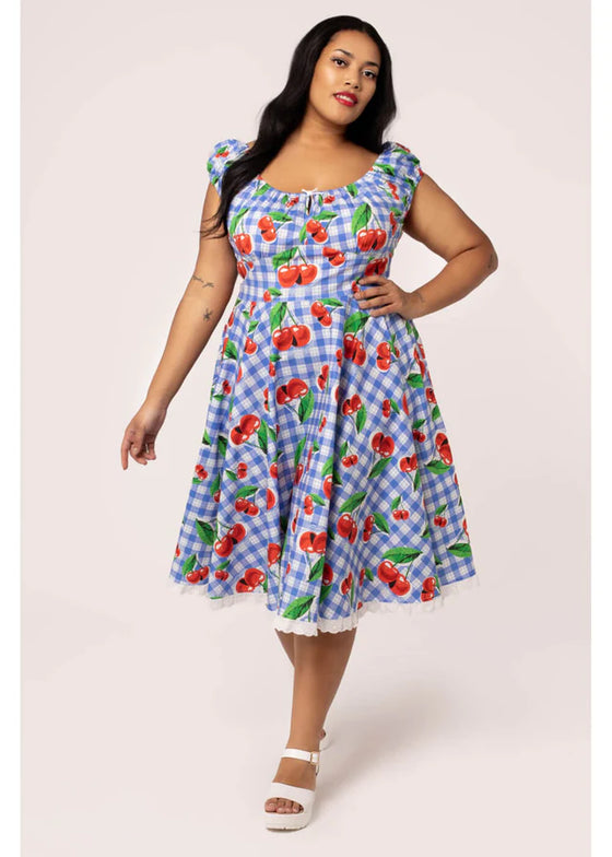 Hell Bunny Picnic Dress Blue Gingham and Cherry Print