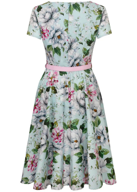 Hell Bunny Rina Dress Traditional Floral Print in Pastel Blue