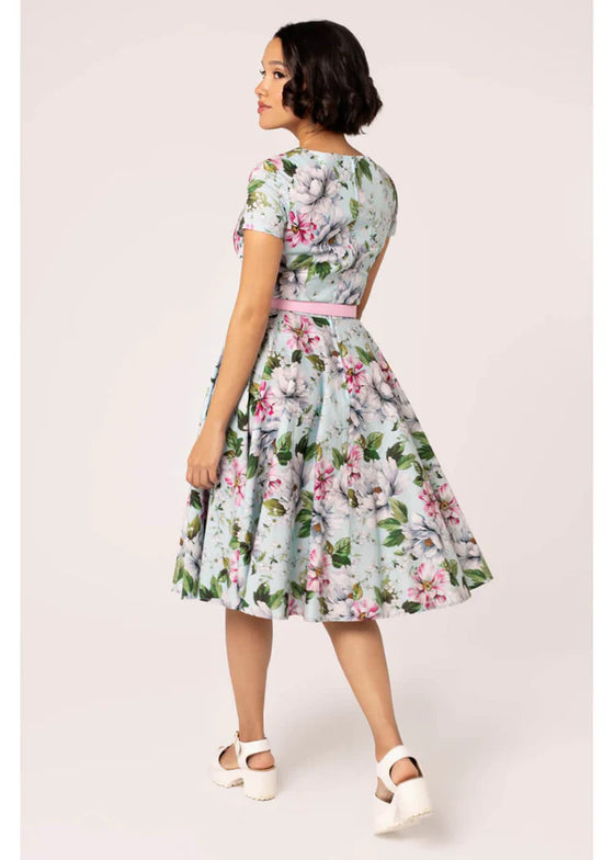 Hell Bunny Rina Dress Traditional Floral Print in Pastel Blue