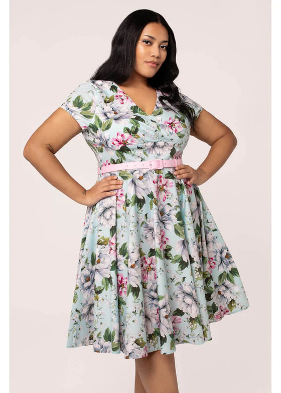 Hell Bunny Rina Dress Traditional Floral Print in Pastel Blue