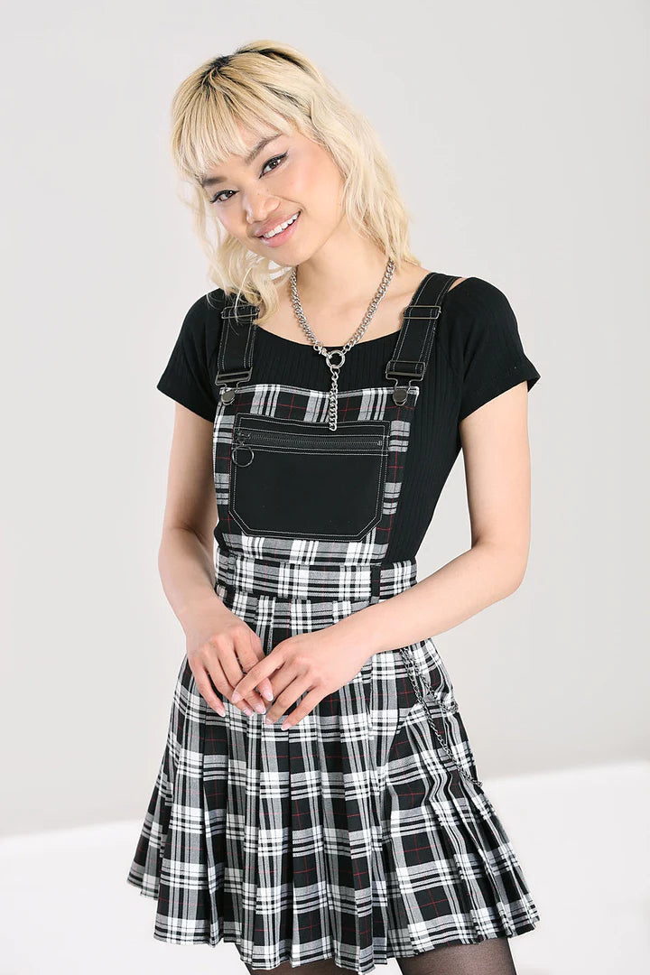 Hell Bunny Vernon Pinafore Dress in Black and White Tartan Grunge Insp Kitty Deluxe