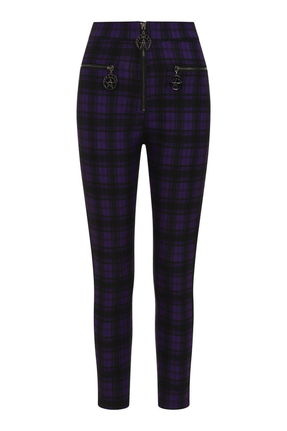 Banned Alternative Damien Stretch Skinny Trousers in Purple Tartan