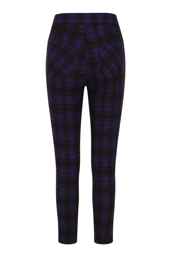 Banned Damien Stretch Skinny Trousers in Purple Tartan