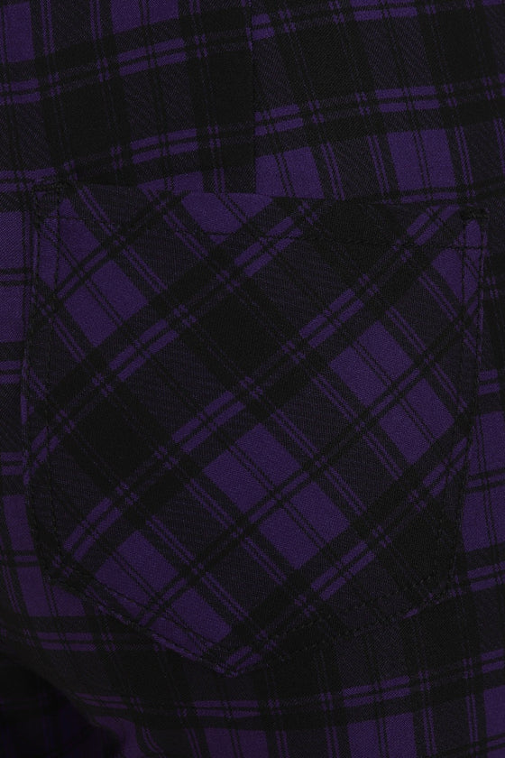 Banned Alternative Damien Stretch Skinny Trousers in Purple Tartan