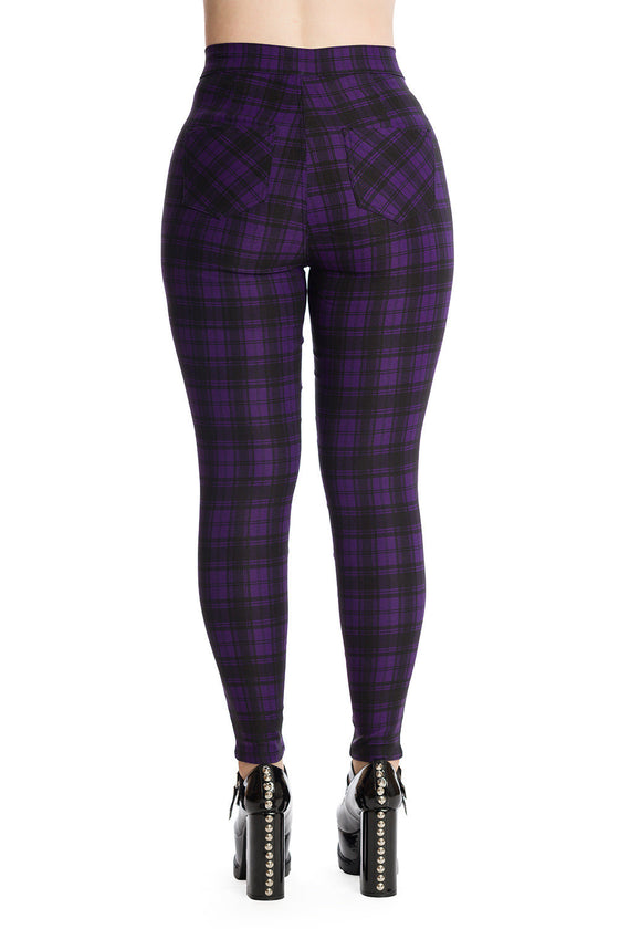 Banned Alternative Damien Stretch Skinny Trousers in Purple Tartan