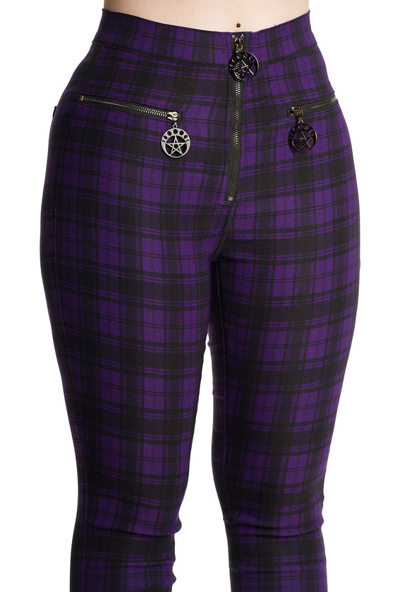 Banned Alternative Damien Stretch Skinny Trousers in Purple Tartan